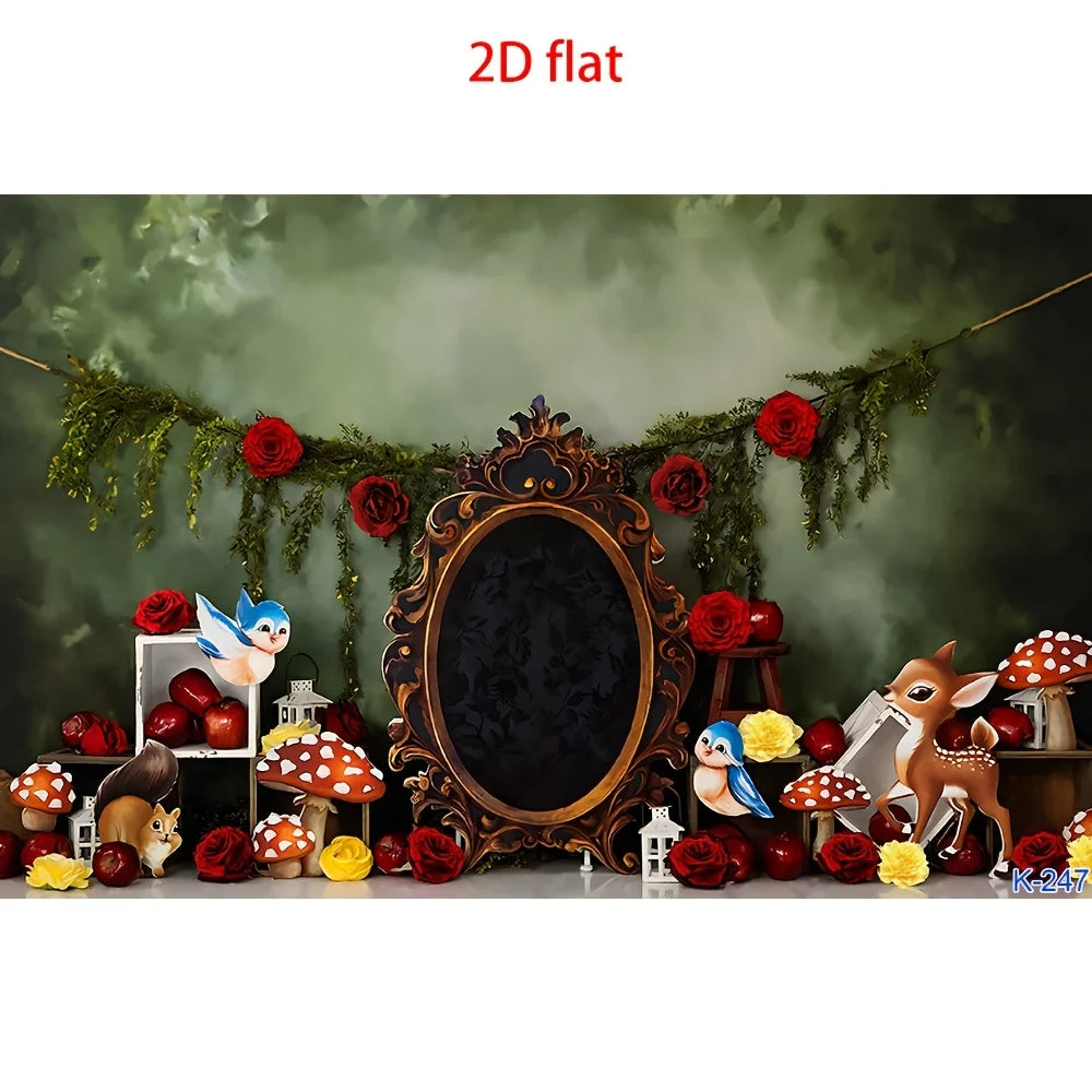 A 2D flat birthday banner featuring floral garlands, red roses, and various decorative elements like birds and mushrooms.