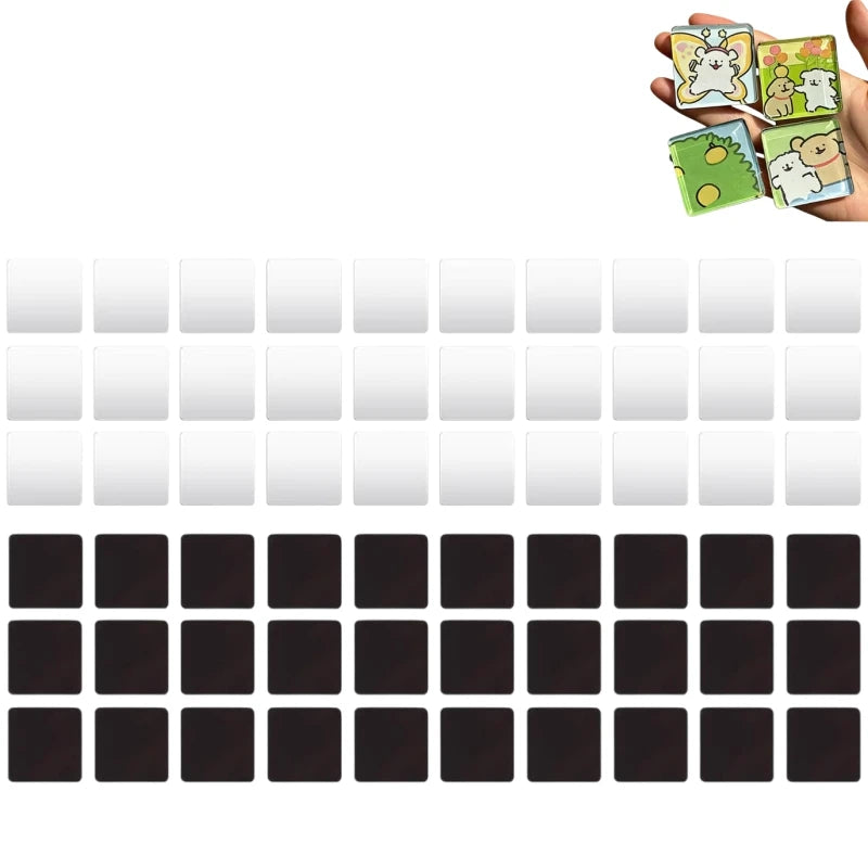 A DIY acrylic fridge magnet making kit showing finished magnets and blank templates.