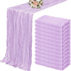 A set of ten terracotta semi-sheer cheesecloth table runners in light purple with vertical stripes.