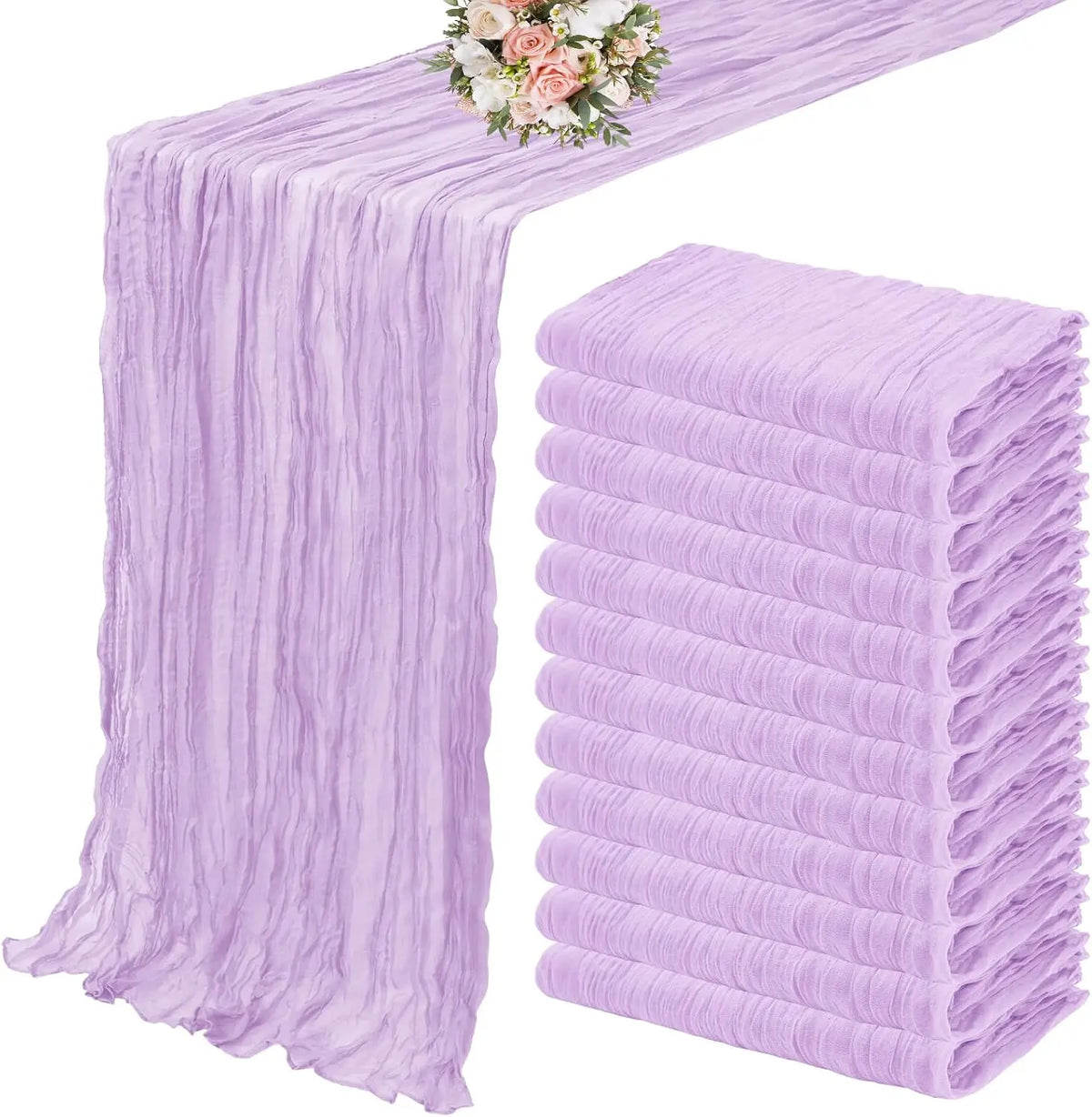 A set of ten terracotta semi-sheer cheesecloth table runners in light purple with vertical stripes.