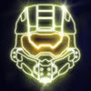 Neon outline of a Spartan helmet and armor design glowing bright yellow against a dark background