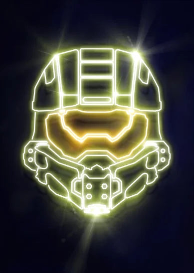 Neon outline of a Spartan helmet and armor design glowing bright yellow against a dark background