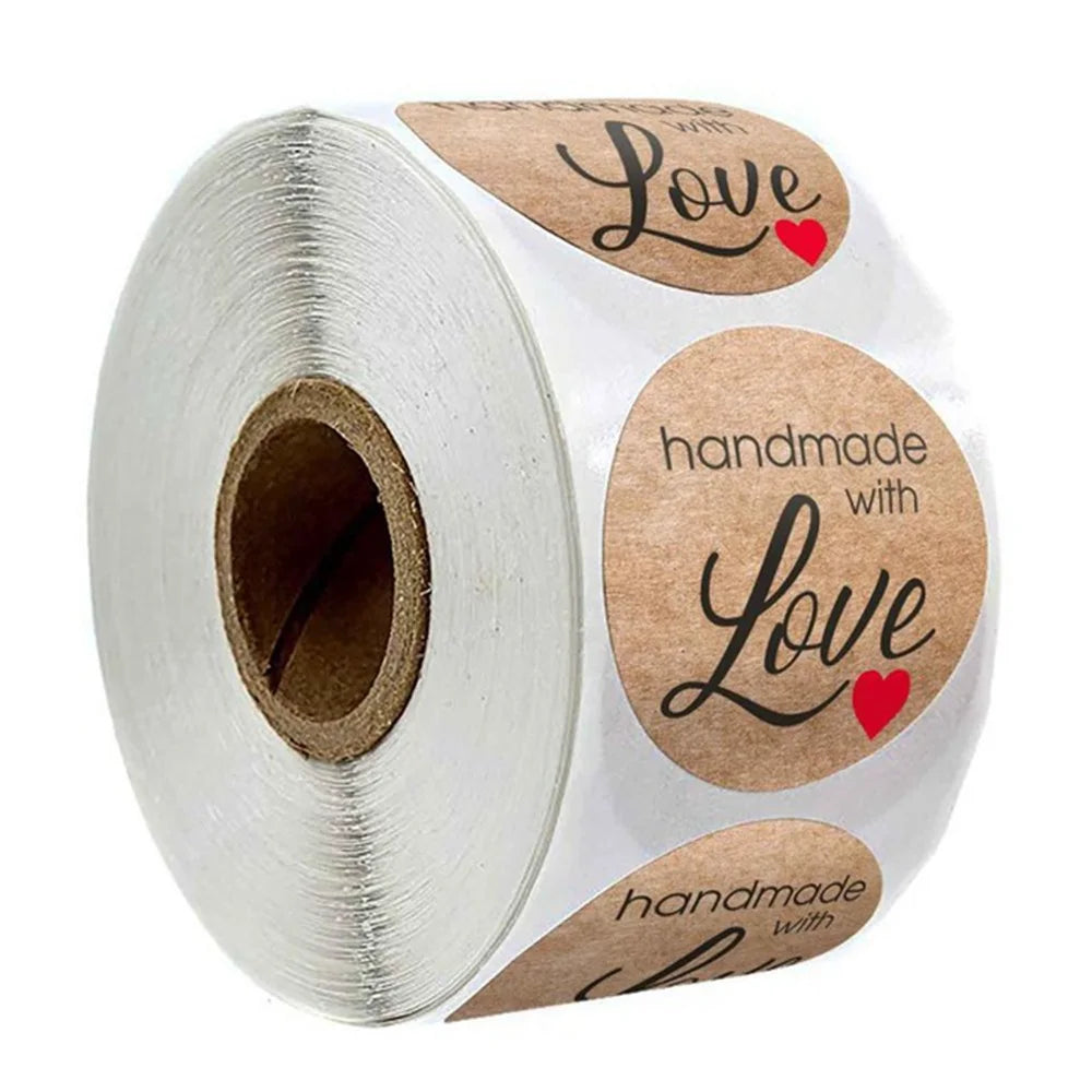 Roll of kraft paper thank you stickers with the words Love and handmade