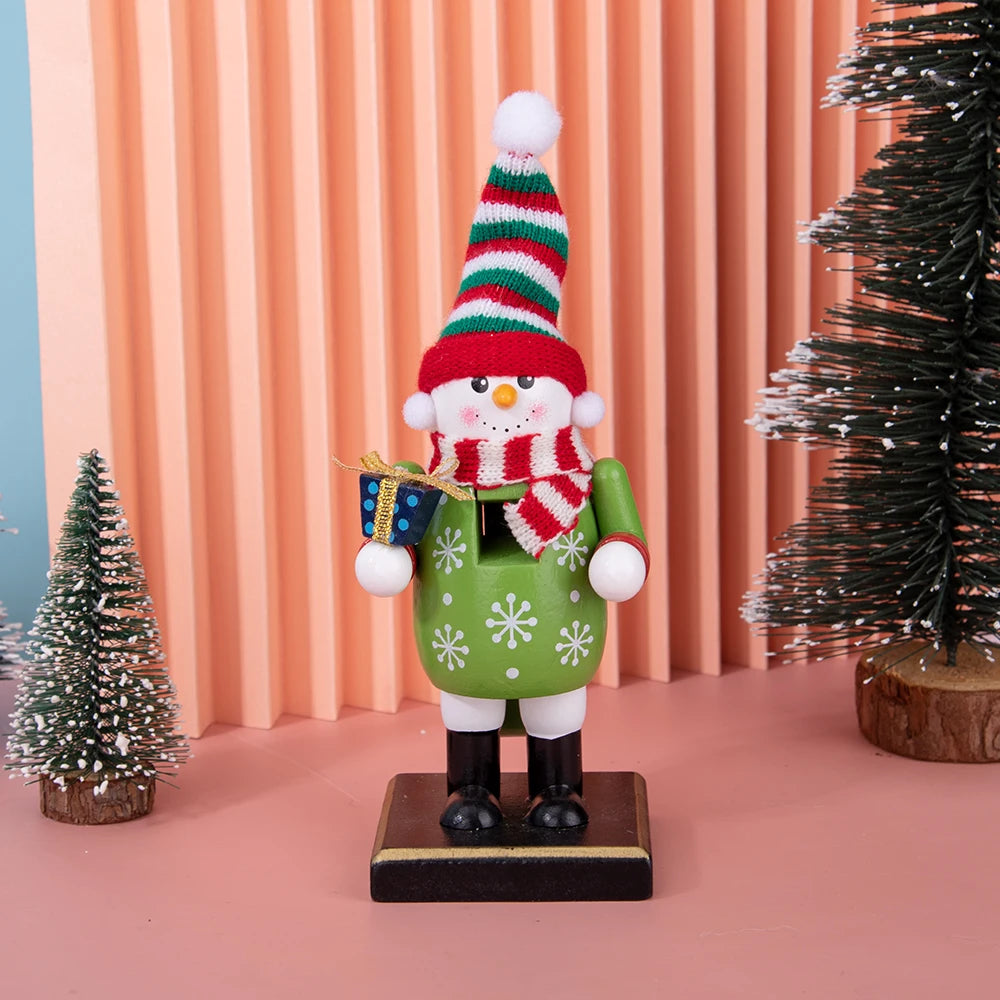 A festive wooden nutcracker soldier ornament with a red and green striped hat and green body stands on a dark base.