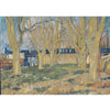 An oil painting depicting a row of bare trees against a blue sky and a distant building.