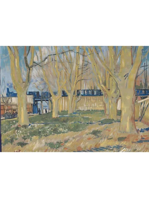 An oil painting depicting a row of bare trees against a blue sky and a distant building.
