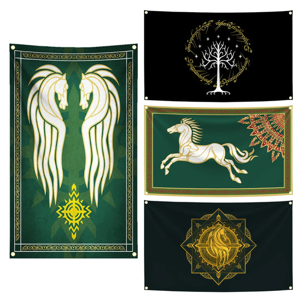 A set of three dark green and gold themed banners featuring horses, a tree, and a stylized lion design.