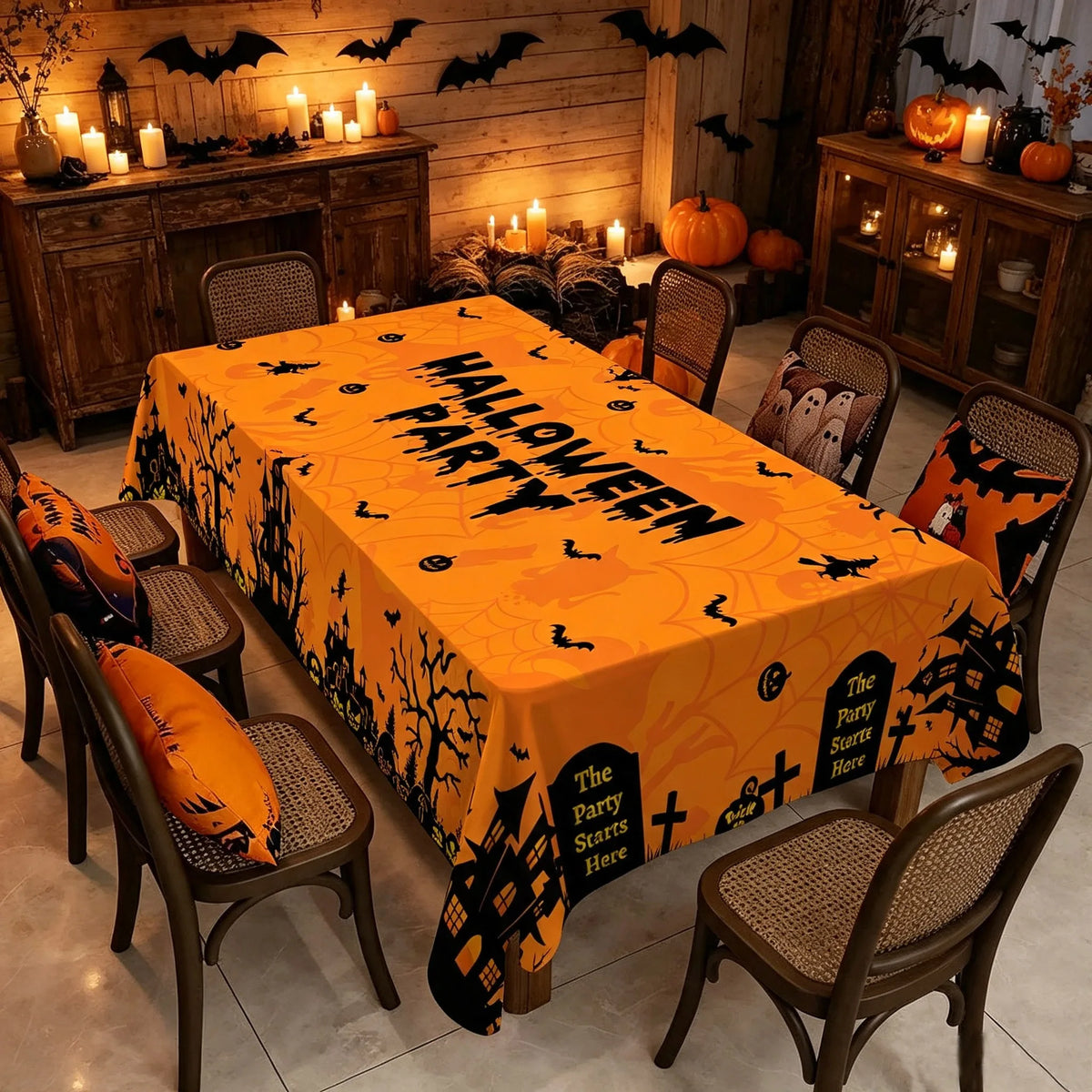 An orange rectangle tablecloth with a black Halloween pattern is set on a wooden table in a dimly lit room.
