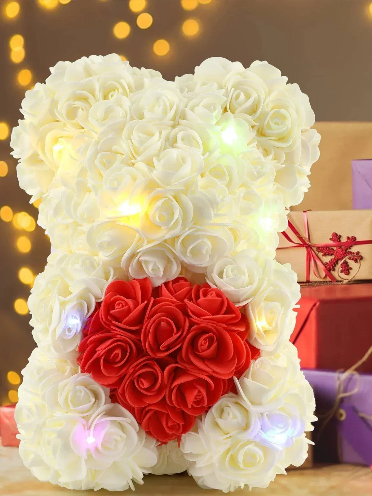 Weißer künstlicher Rosen-Teddybär mit rotem Herz-Akzent für romantische Dekoration