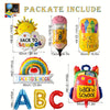 A set of eight back to school decorations including a sun, a backpack, and letters A, B, C.