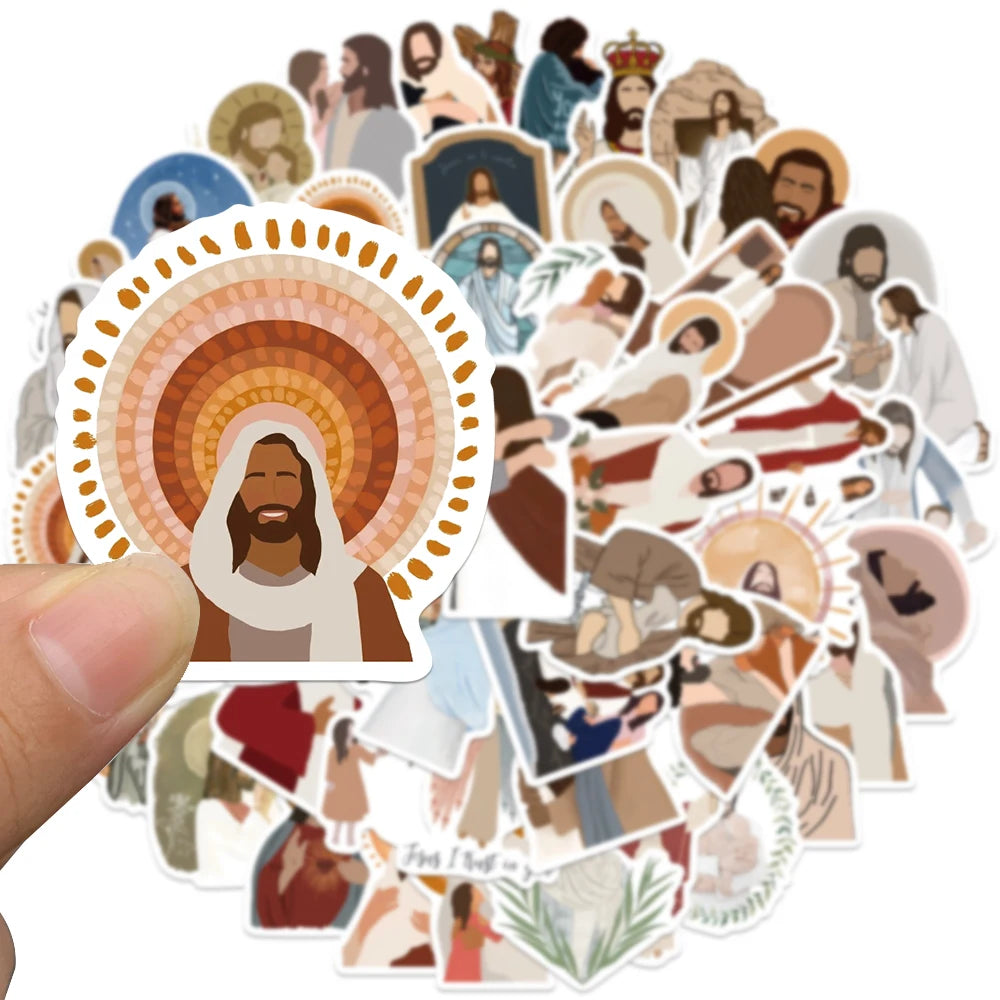 A collection of aesthetic faith stickers featuring biblical figures and religious symbols.