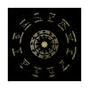 A black velvet tablecloth featuring a gold pentagram tarot design with twelve zodiac signs and their associated traits.