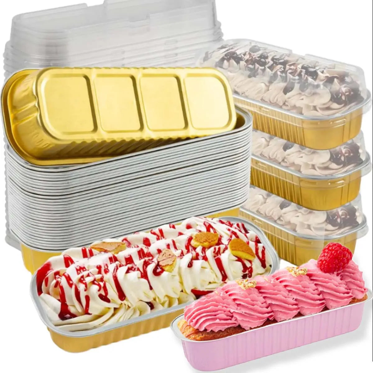 A stack of rectangular mini foil bread trays and a pink tray filled with pink frosting and fruit