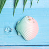 A pale pink seashell with vertical ridges and small pearl accents rests on a light blue wooden surface.