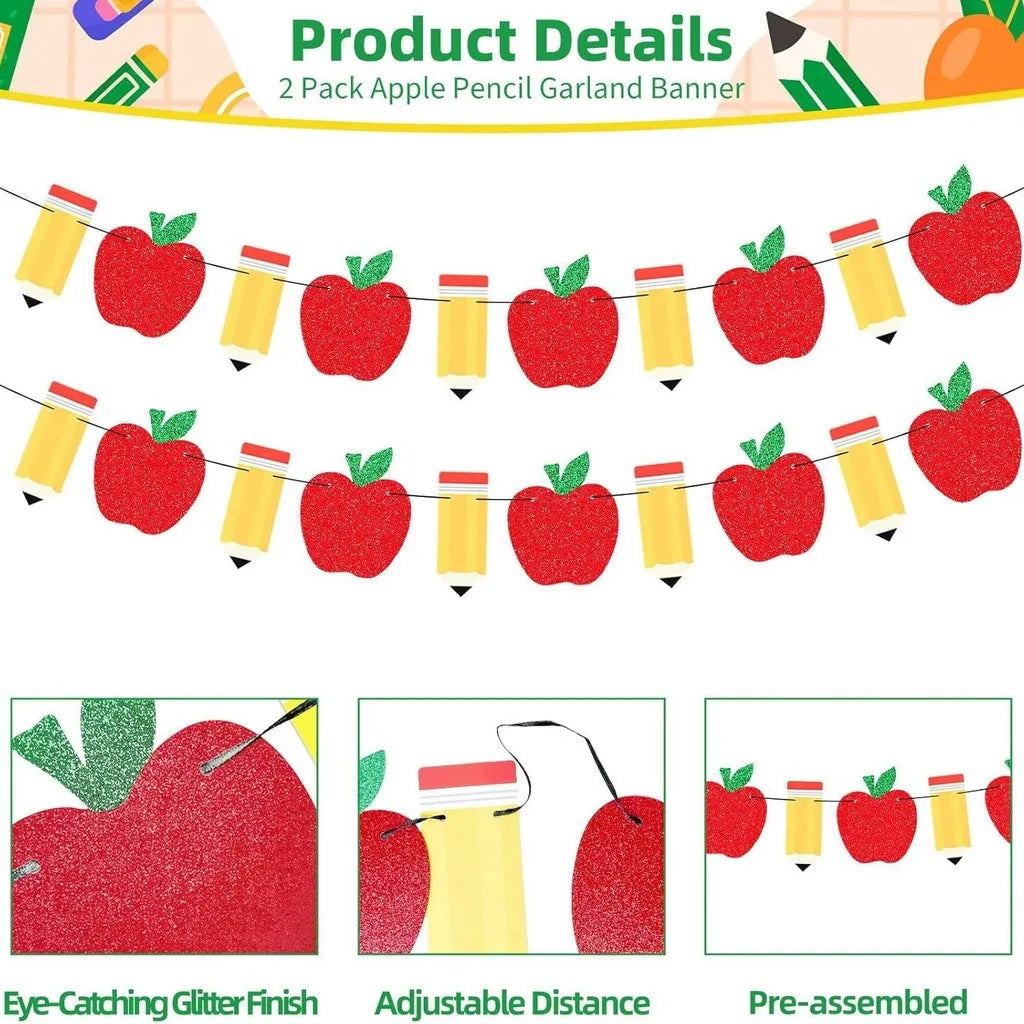 A set of pre-assembled red apple and pencil garland banner for decoration.