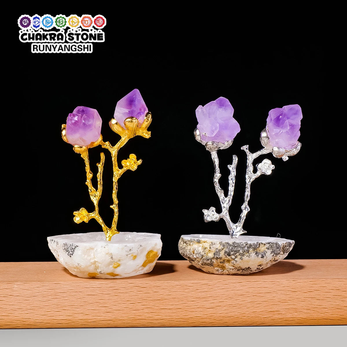Décor en cristal fait main avec des pierres d'améthyste violette et d'agate claire montées sur des branches d'or et d'argent