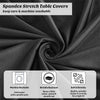 Black spandex stretch table covers shown in a swirling fabric texture with care instructions