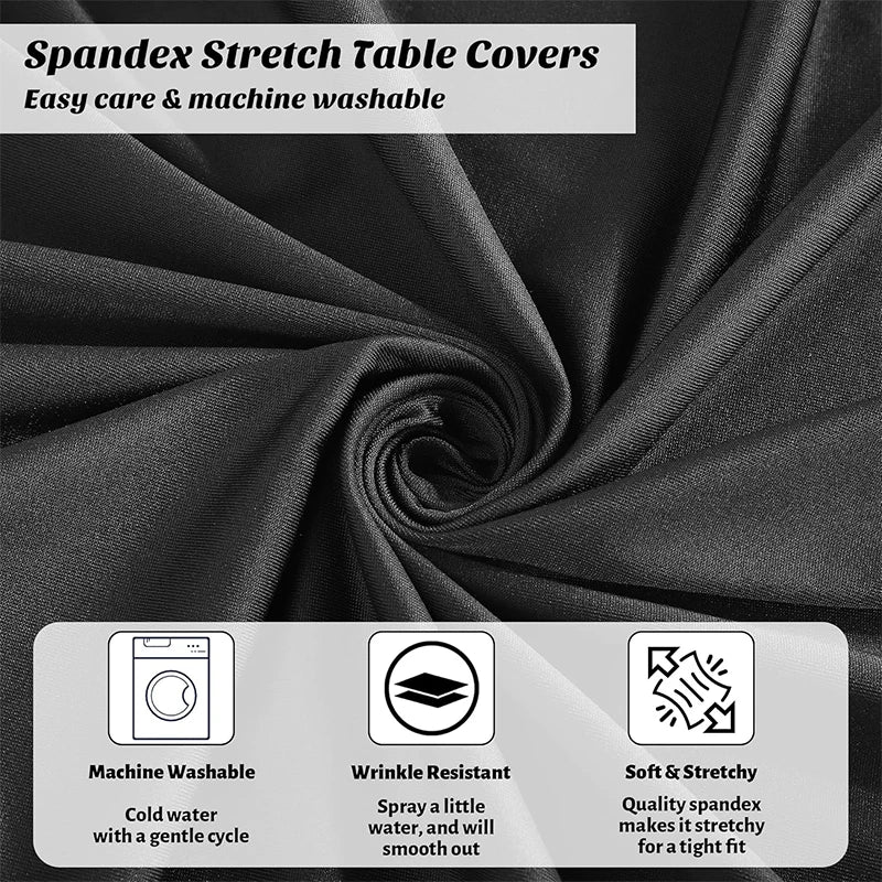 Black spandex stretch table covers shown in a swirling fabric texture with care instructions