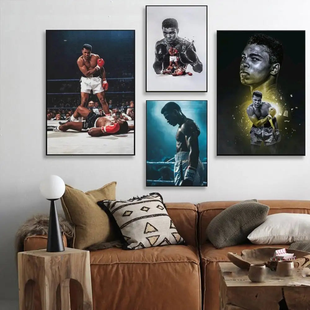 A set of three framed posters featuring images of Muhammad Ali boxing in black and white tones.