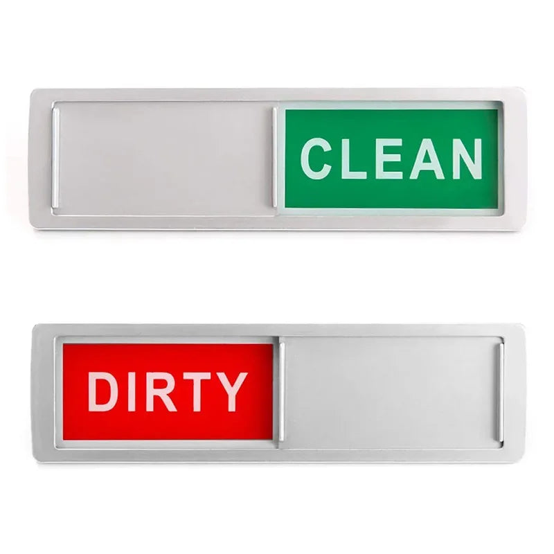 A pair of dishwasher magnet signs showing the words CLEAN in green and DIRTY in red.