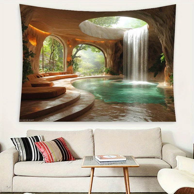 A large painting depicting a tropical cave with an arched opening, lush greenery, and a flowing waterfall cascading into a po