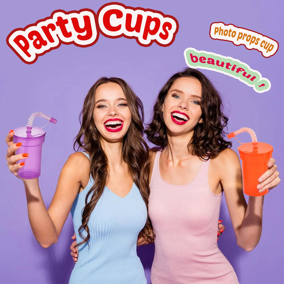 Two women holding neon reusable sipper cups with straws and lids