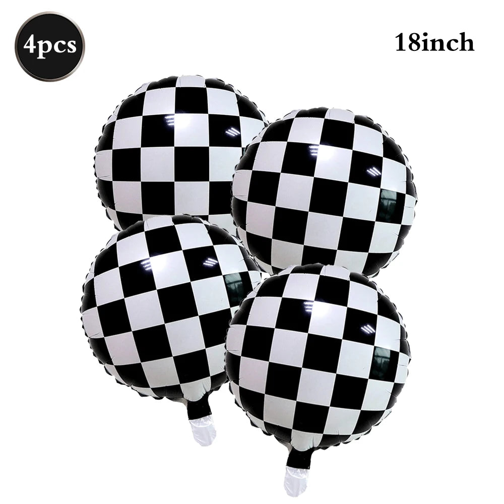 A set of four 18 inch black and white checkered race car traffic light balloons.