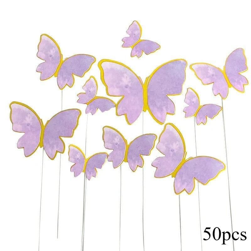 50 paper butterfly cake toppers in purple and gold color
