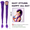 Purple braided ponytail hairpiece for kids shown with styling instructions and usage example