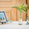 A tall glass vase holds a vibrant green artificial chlorophytum branch on a white table.