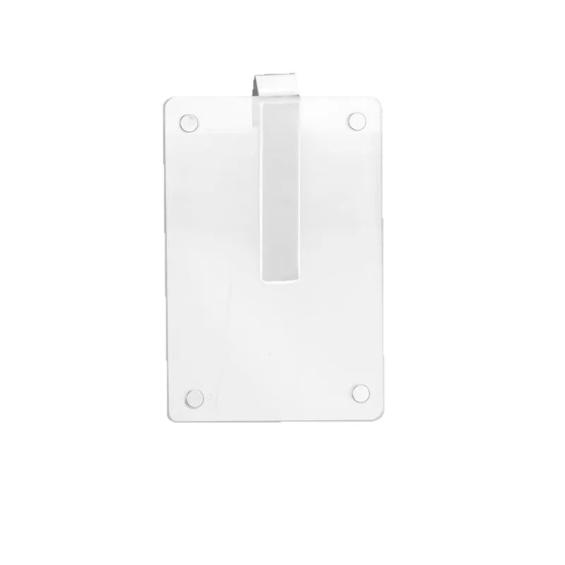 A clear acrylic photo holder with a magnetic clip for a car sun visor.