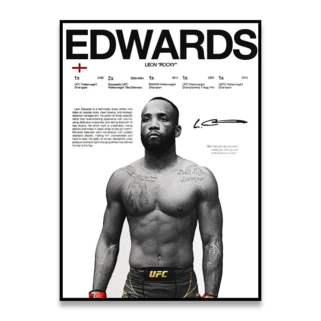 A black and white portrait of Leon 'Rocky' Edwards in a fighting stance for boxing fighter canvas wall art print.