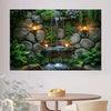 A rustic stone wall tapestry featuring a waterfall and lush green plants with illuminated lanterns.