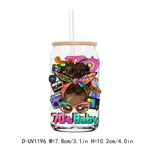 A clear tumbler with a lid featuring a graphic of an afro girl wearing sunglasses and the text 70's Baby.