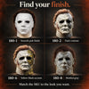 A set of eight Michael Myers latex masks showing various finishes including smooth pale, dark contrast, yellow-black accents,