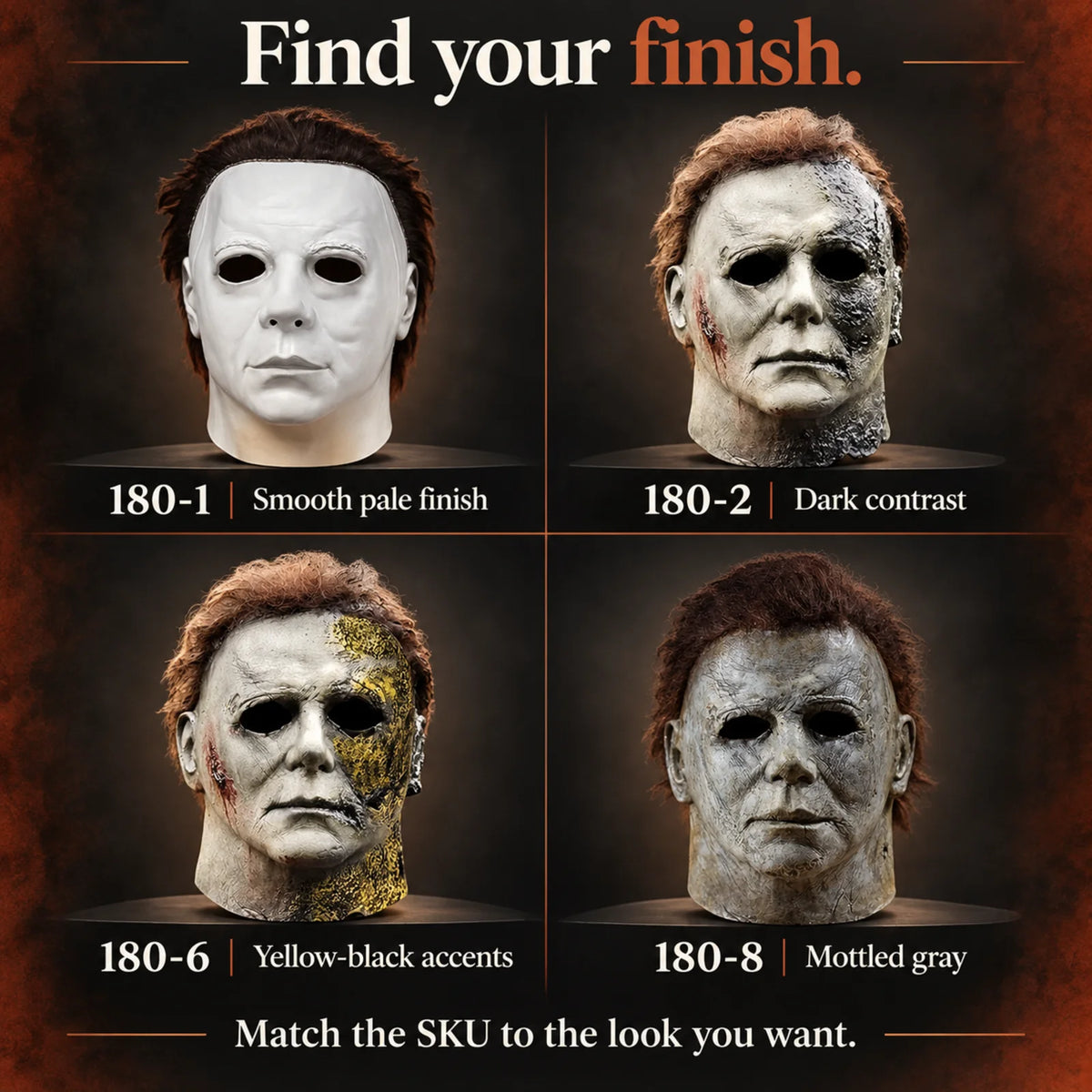 A set of eight Michael Myers latex masks showing various finishes including smooth pale, dark contrast, yellow-black accents,