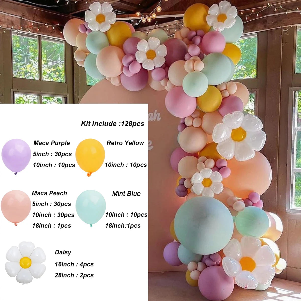A colorful balloon garland kit featuring various shades of pink, yellow, purple, and green balloons arranged in a floral desi