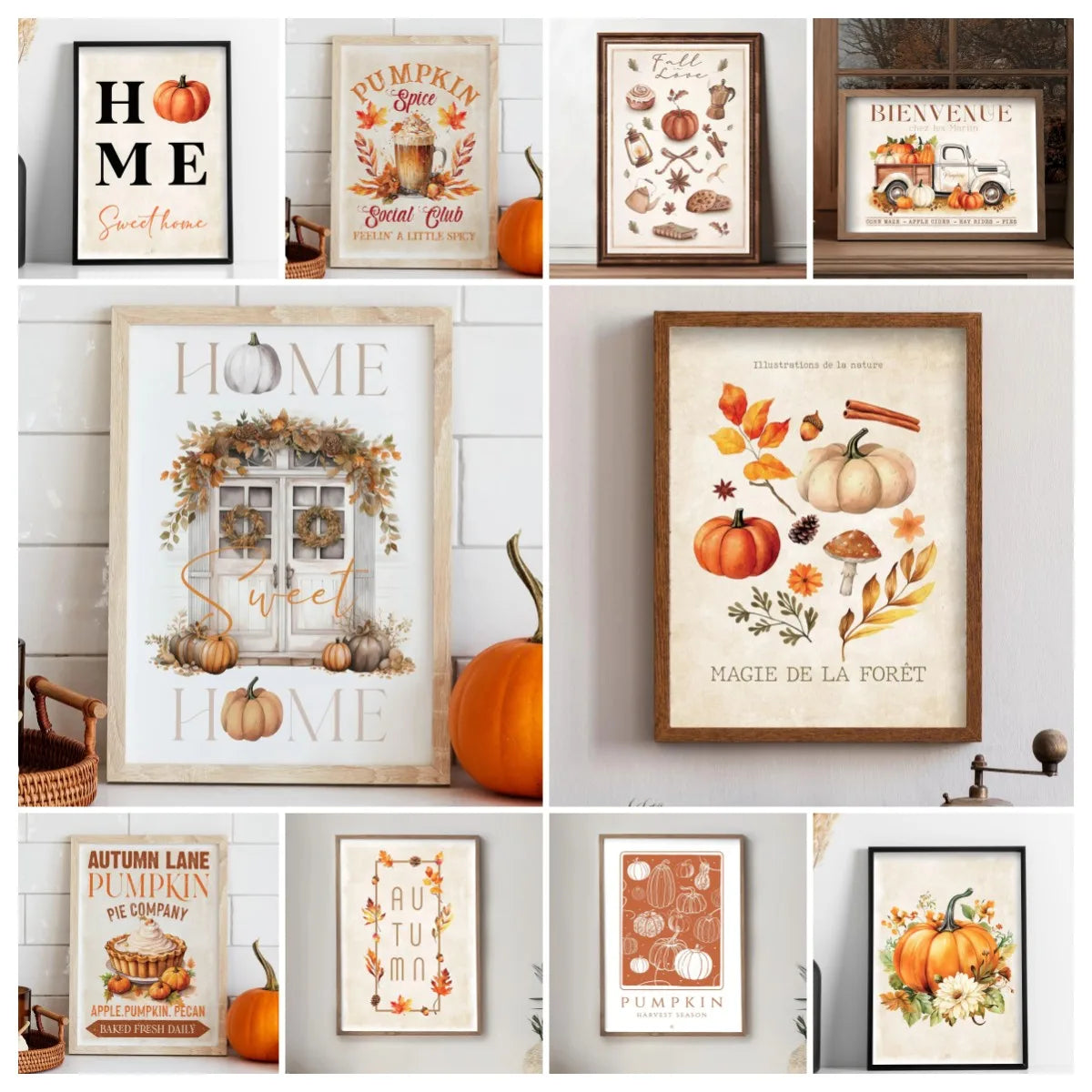 A collection of canvas wall art posters featuring autumn themes like pumpkins, fall foliage, and seasonal decor.