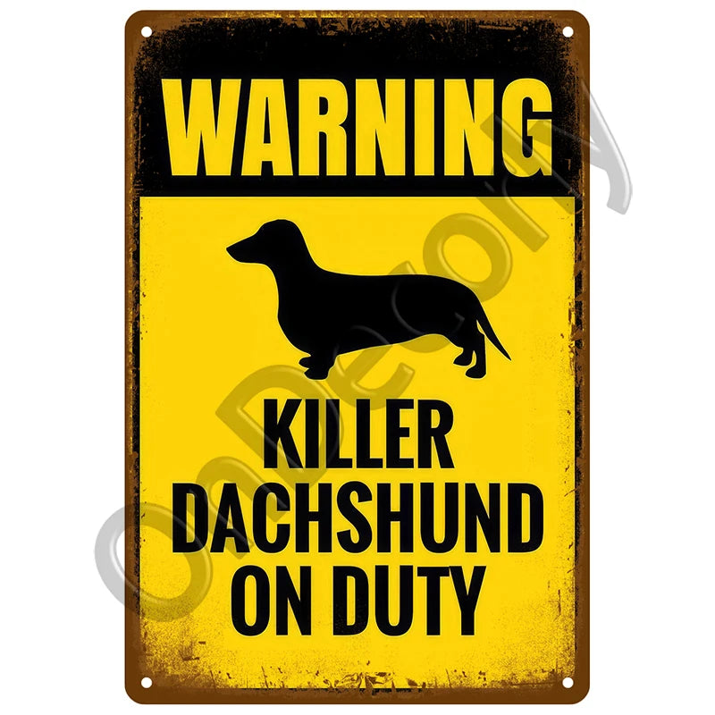 A vintage metal sign with a yellow background and black text warning about a killer Dachshund on duty.