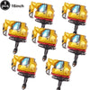 Nine foil balloons shaped like construction trucks in yellow and black for birthday party decor