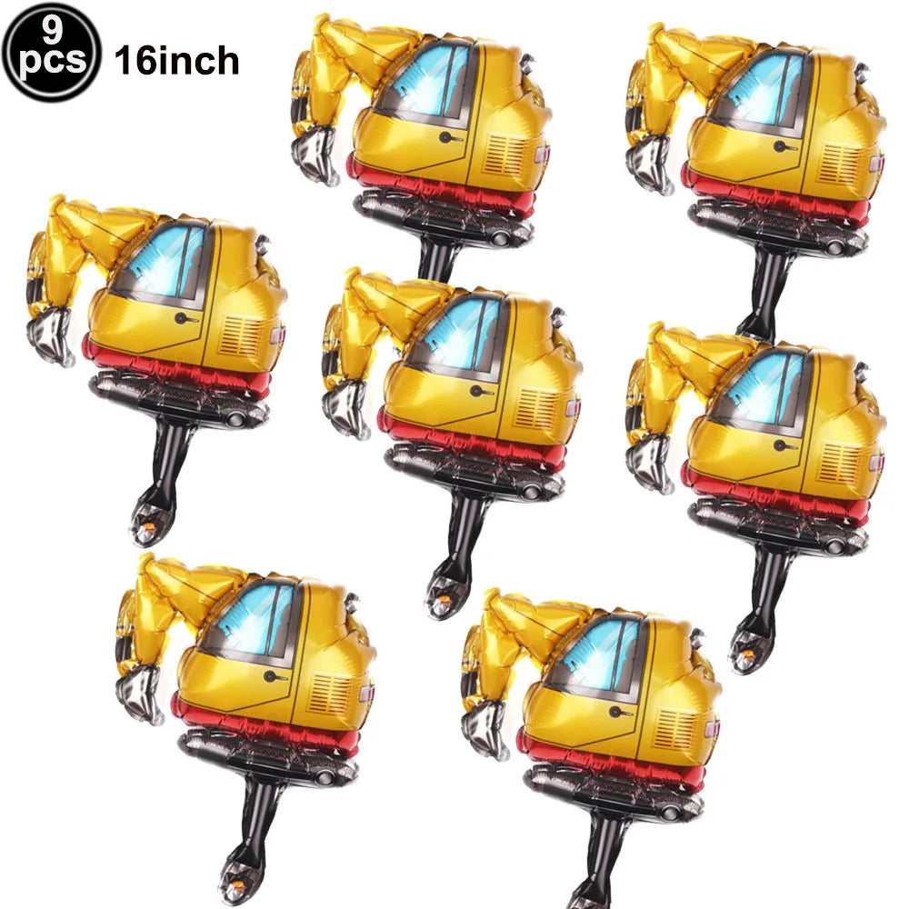 Nine foil balloons shaped like construction trucks in yellow and black for birthday party decor