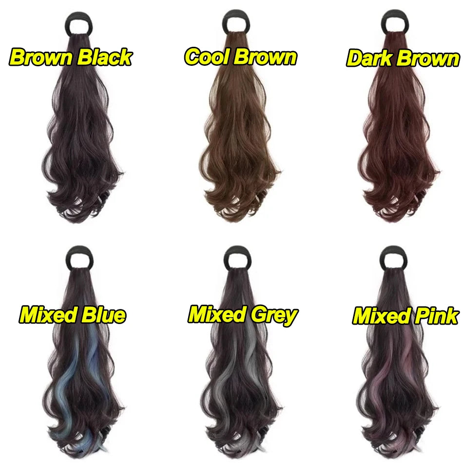 A collection of heat resistant synthetic ponytail extensions in various shades including Brown Black, Cool Brown, Dark Brown,