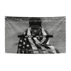 Black and white photo of a person wearing an American flag tapestry with the text ASAP ROCKY LONG LIVE ASAP