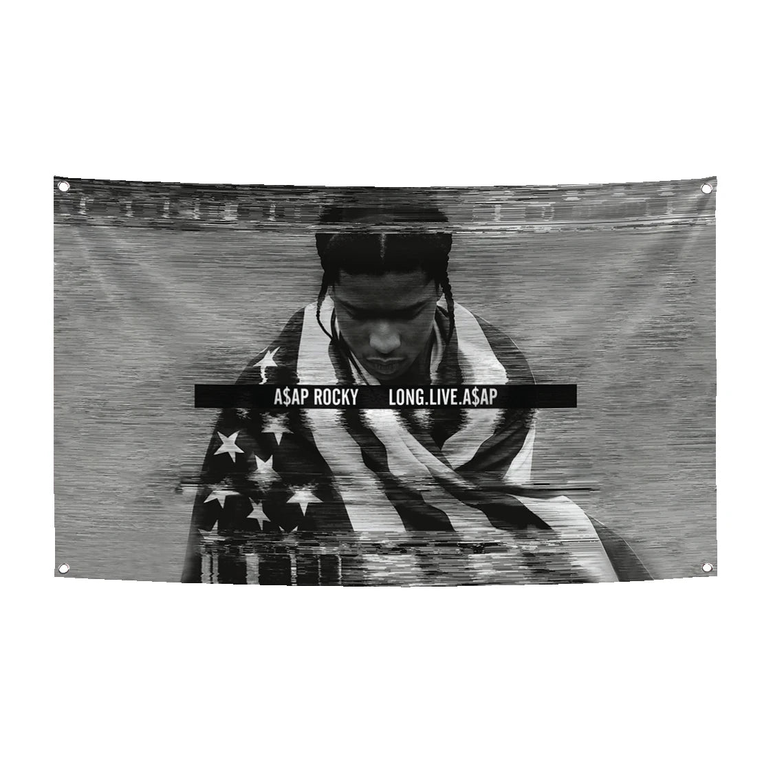 Black and white photo of a person wearing an American flag tapestry with the text ASAP ROCKY LONG LIVE ASAP