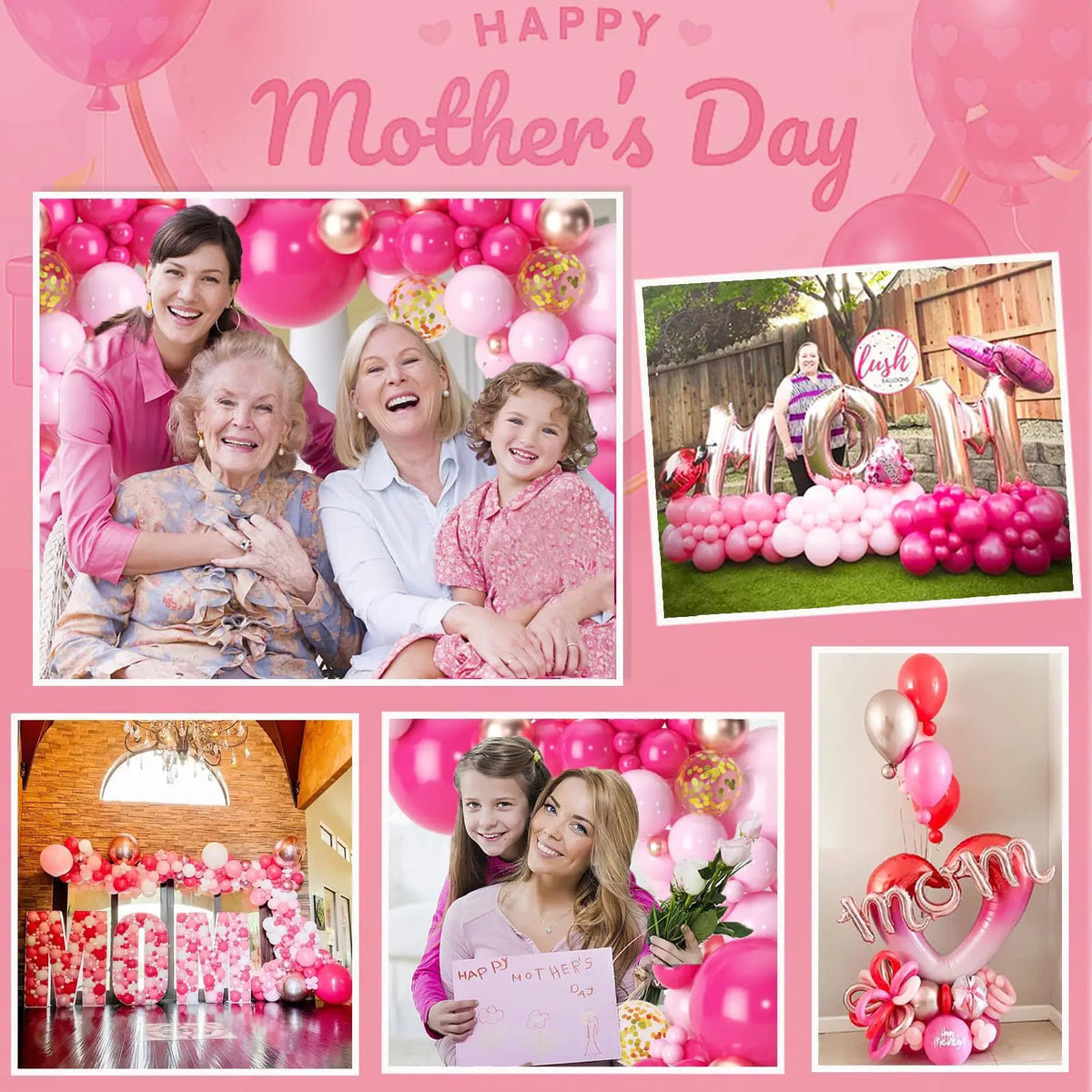 A pink and gold balloon garland arch kit featuring various balloons for celebrations.