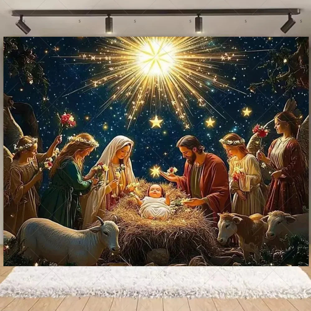 Starry Night Nativity Scene Backdrop for Christmas Celebrations