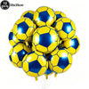 A pack of ten yellow and blue soccer ball balloons for party decorations.