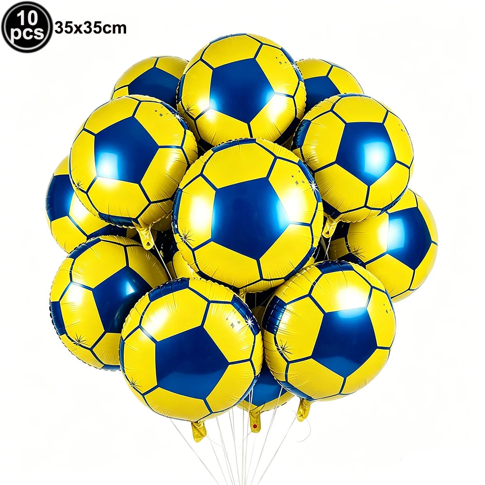 A pack of ten yellow and blue soccer ball balloons for party decorations.