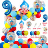 A colorful set of cartoon clown arch party balloons in various sizes and colors