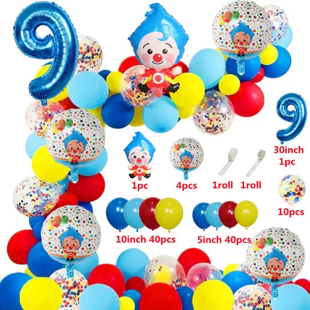 A colorful set of cartoon clown arch party balloons in various sizes and colors